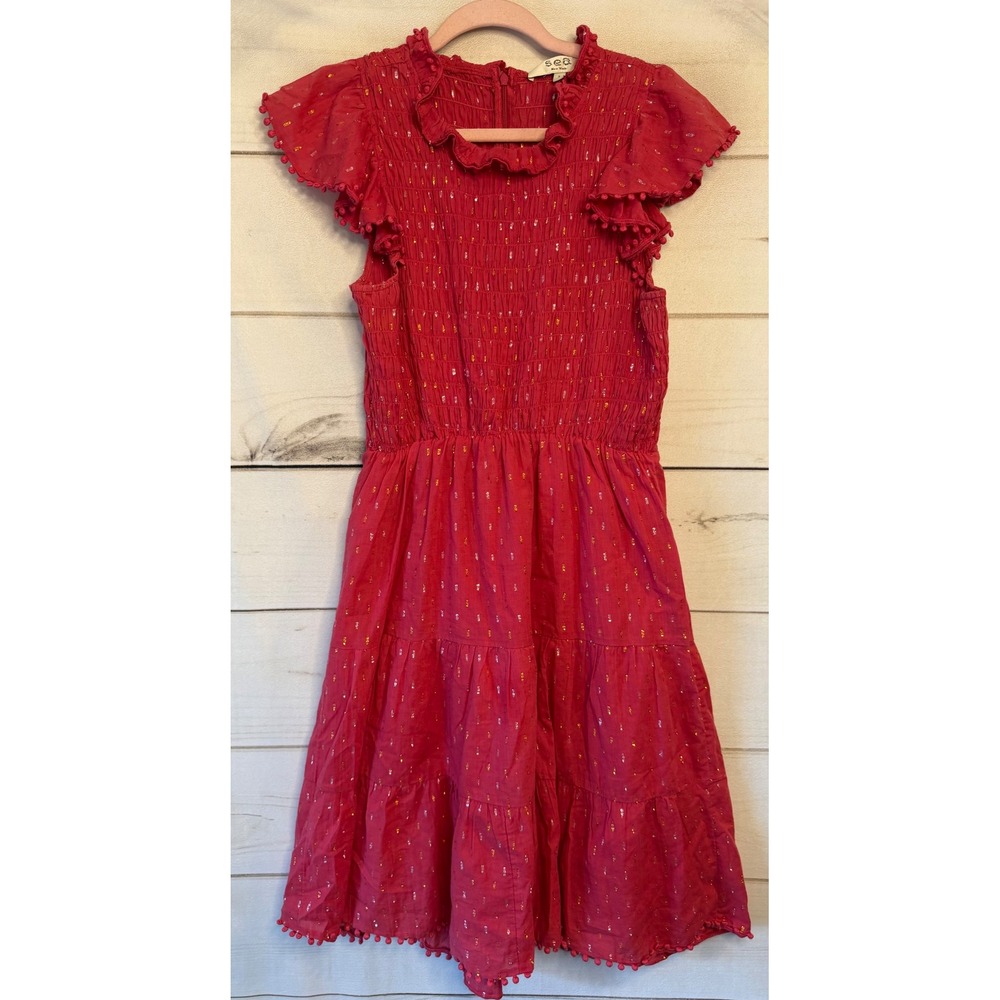 Sea New York Red Smocked Metallic Fil Coupe Pom Pom Ruffle Dress 2